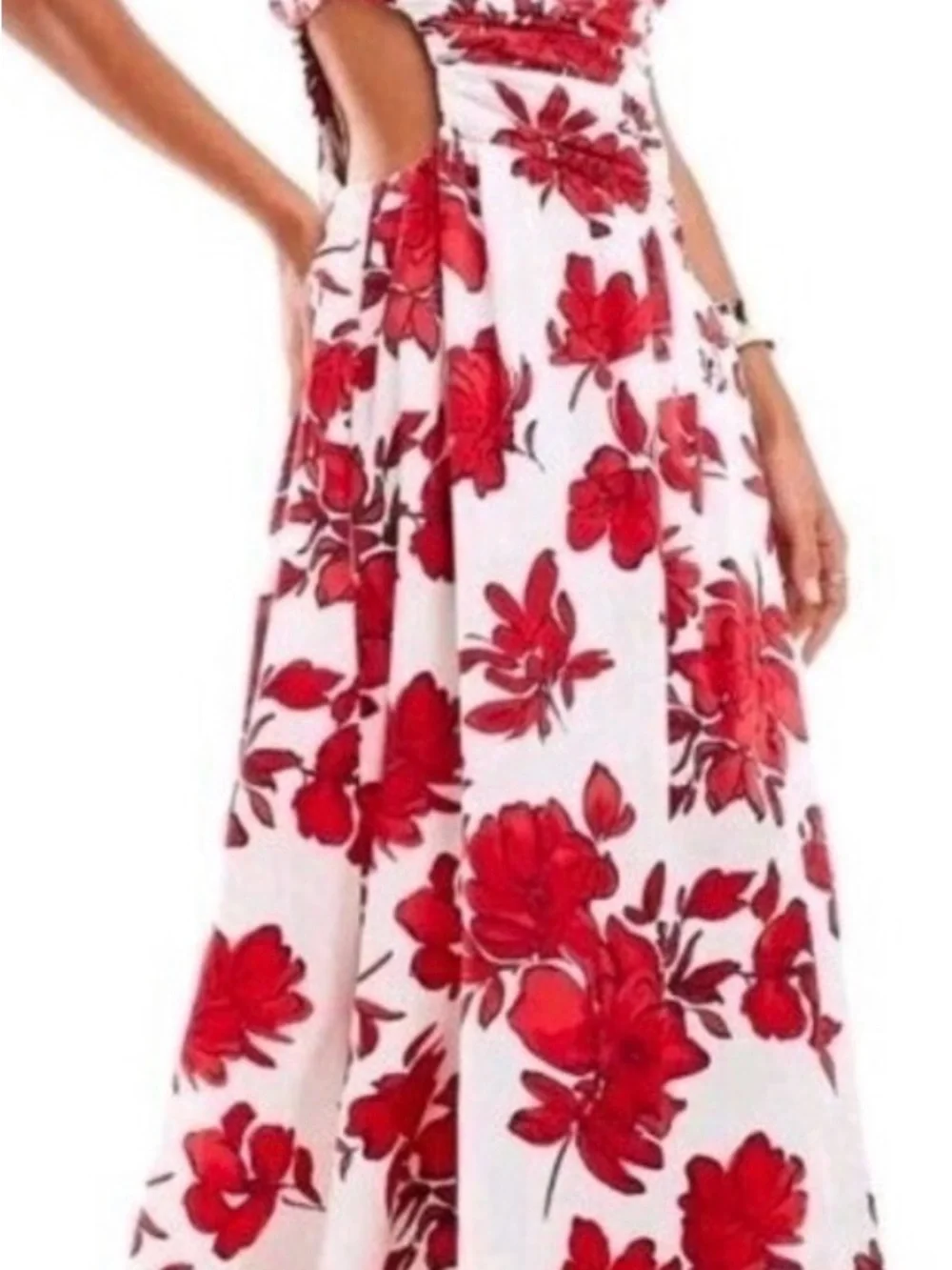 ABERCROMBIE White Maxi Dress with Red Floral Print